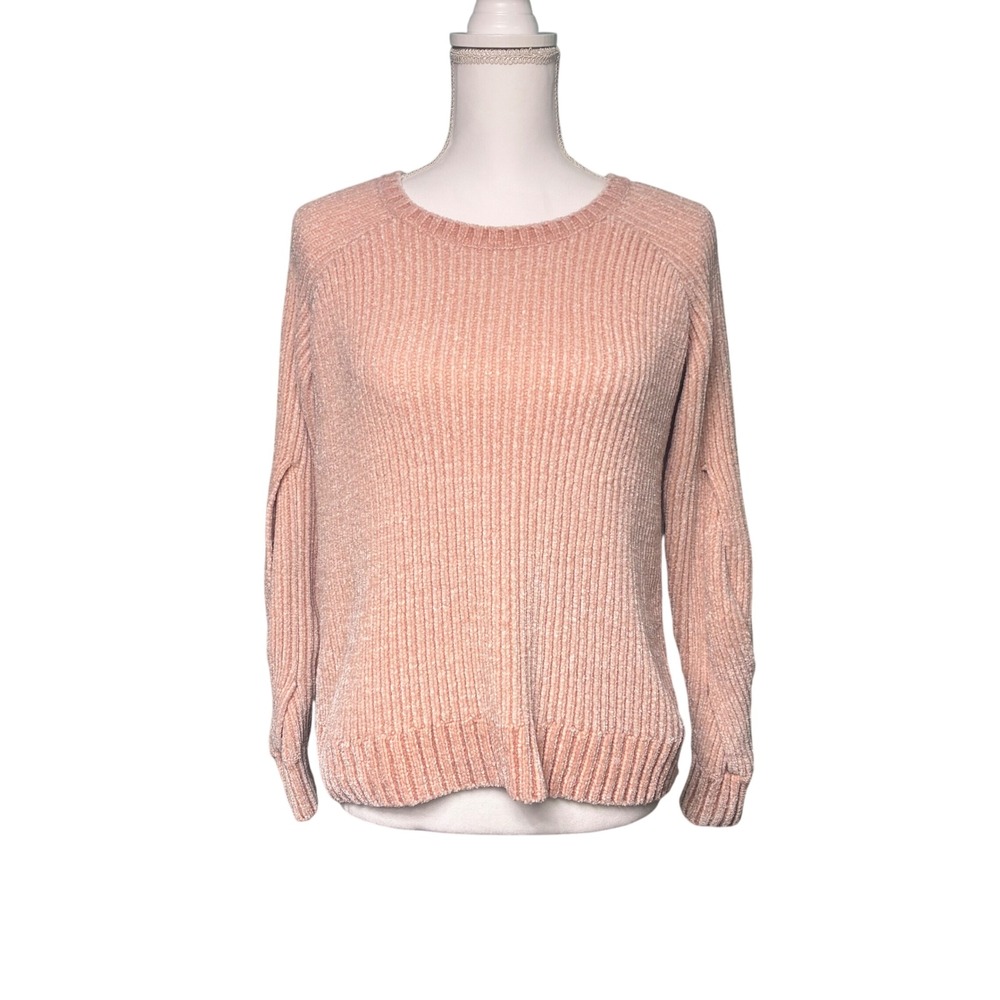 Cabana+Co Chenille Sweater W Med Pink Cold Shoulder Twisted Cozy‎ Soft Romantic